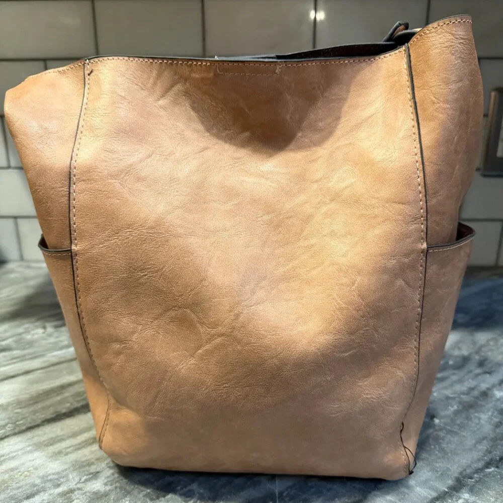 Tan Faux Leather Hobo/Bucket Bag with 3 Exterior Pockets